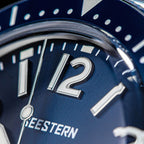 Seestern S434-2 blue dial extreme macro showing SEESTERN print, applied 12 numeral and markers