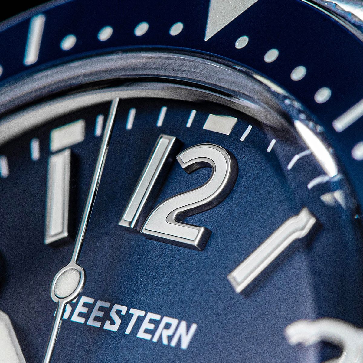 Seestern S434-2 blue dial extreme macro showing SEESTERN print, applied 12 numeral and markers