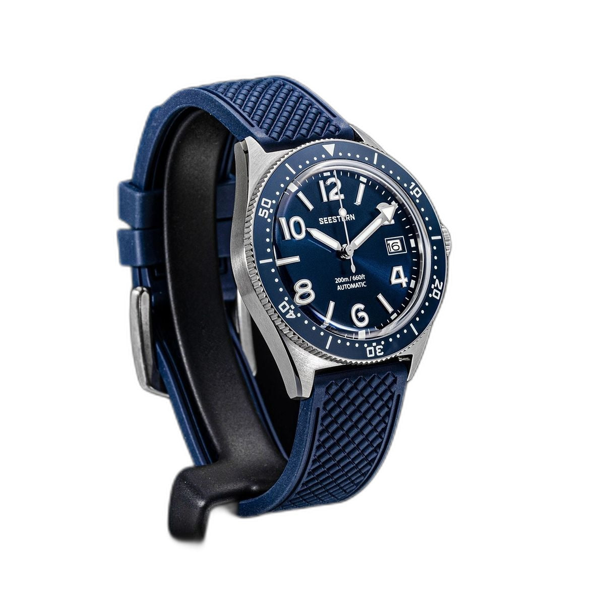 Seestern S434-2 blue-dial skin diver on blue tropic rubber strap, angled studio view