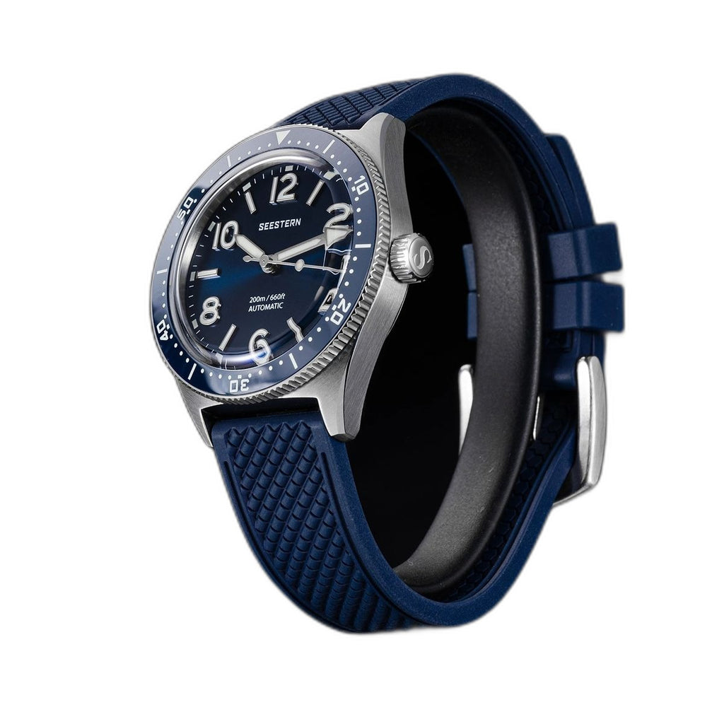 Seestern S434-2 blue-dial skin diver on blue tropic rubber strap, low angled view