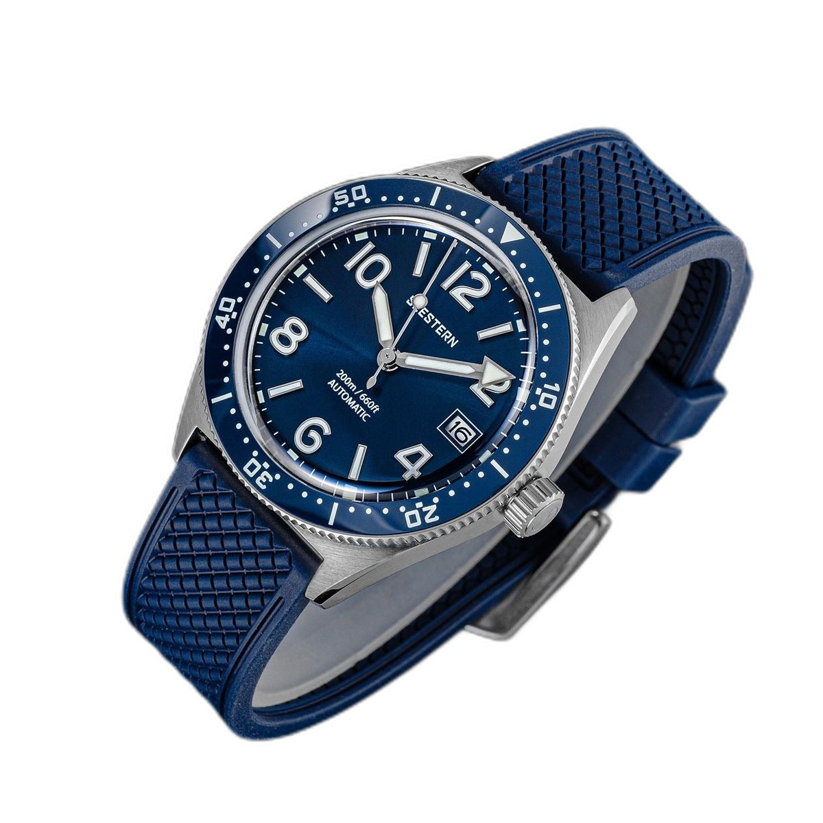 Seestern S434-2 blue-dial skin diver on blue tropic rubber strap, three-quarter angled view
