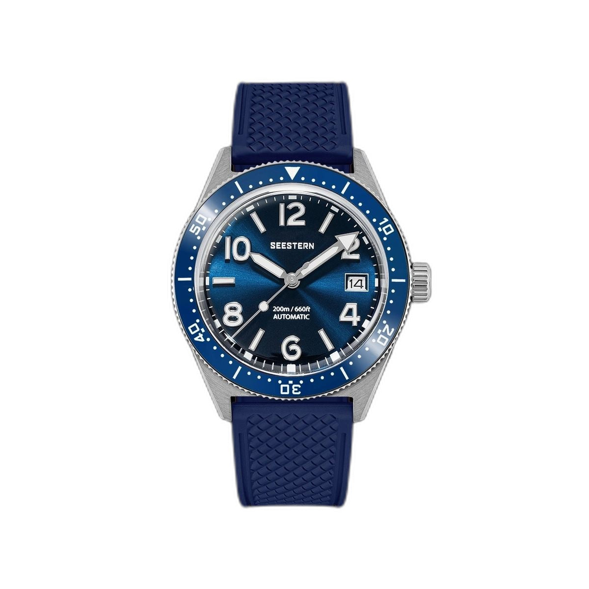 Seestern S434-2 automatic skin diver 39mm, blue dial and bezel on blue tropic rubber strap, front