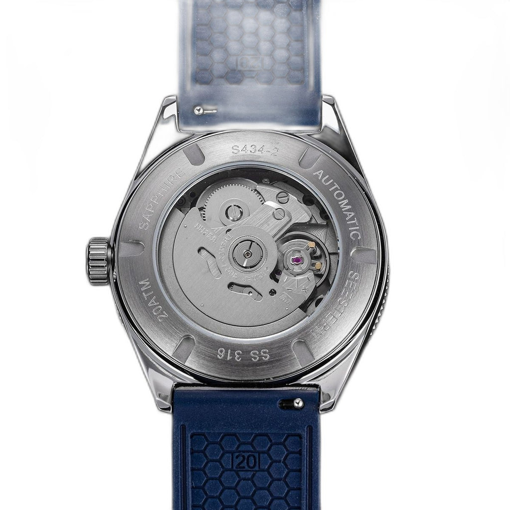Seestern S434-2 exhibition caseback showing NH35A automatic movement, engraved SAPPHIRE 20ATM