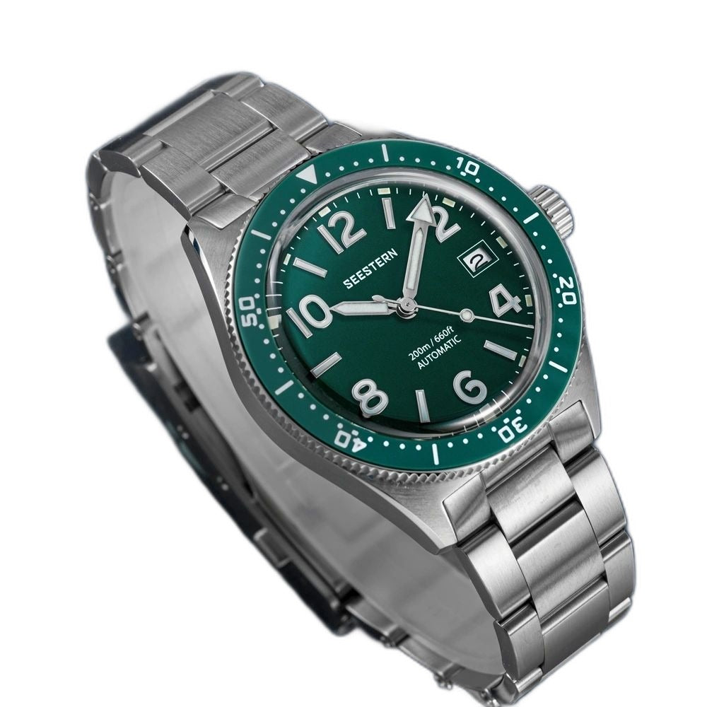 Seestern S434-2 green-dial skin diver on steel bracelet, dramatic angled view on blue