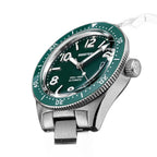 Seestern S434-2 green-dial skin diver, green bezel, steel bracelet, three-quarter angled view