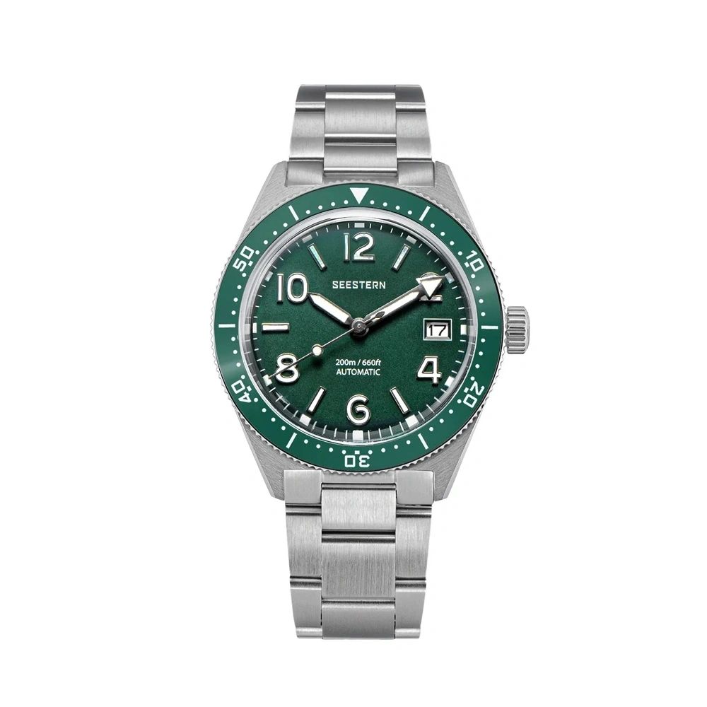 Seestern S434-2 automatic skin diver 39mm, green dial, green bezel, steel bracelet, front view