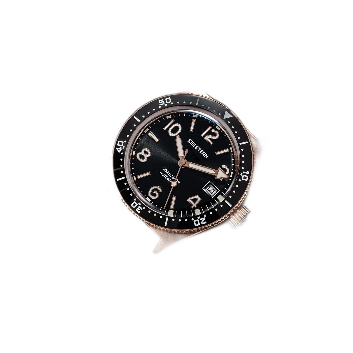 Seestern S434-2 rose-gold skin diver, black dial, black rubber strap, three-quarter angled view