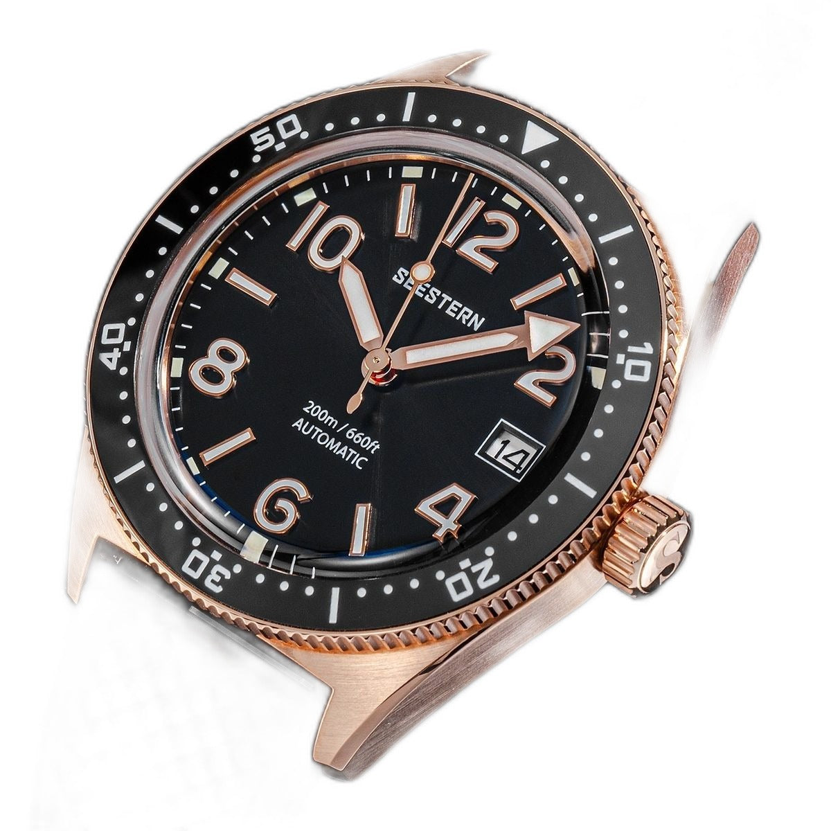 Seestern S434-2 rose-gold skin diver, black dial and bezel, black rubber strap, angled studio view