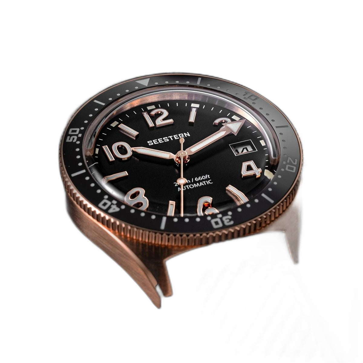Seestern S434-2 rose-gold skin diver on black rubber strap, low angled studio view