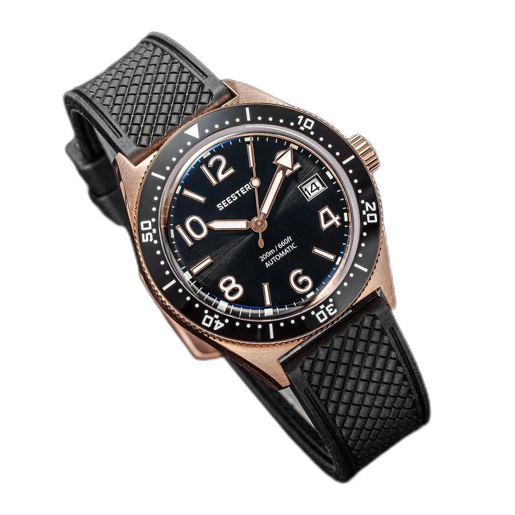 Seestern S434-2 rose-gold skin diver, black dial and bezel, black rubber strap, angled view
