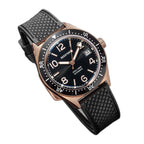 Seestern S434-2 rose-gold skin diver, black dial and bezel, black rubber strap, angled view