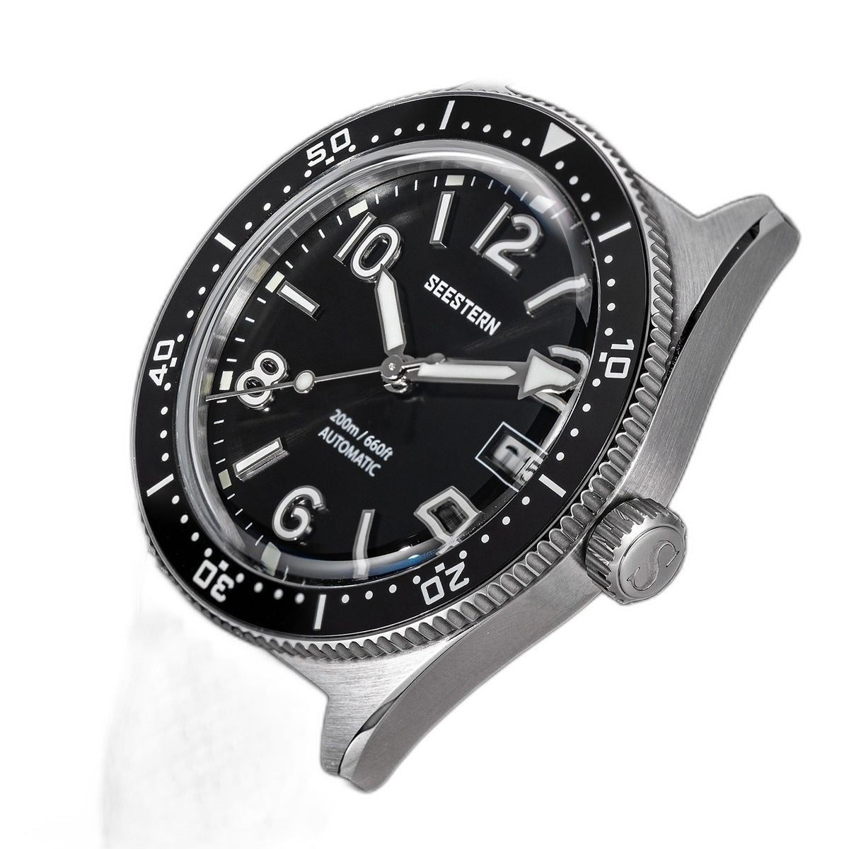 Seestern S434-2 black dial watch head without a strap, angled to show bare lugs and signed crown