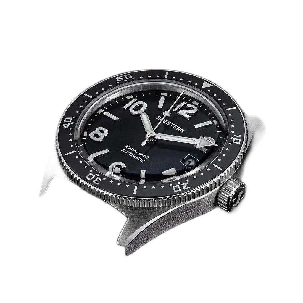 Seestern S434-2 black watch head side profile with no strap, showing case thickness and bezel knurling