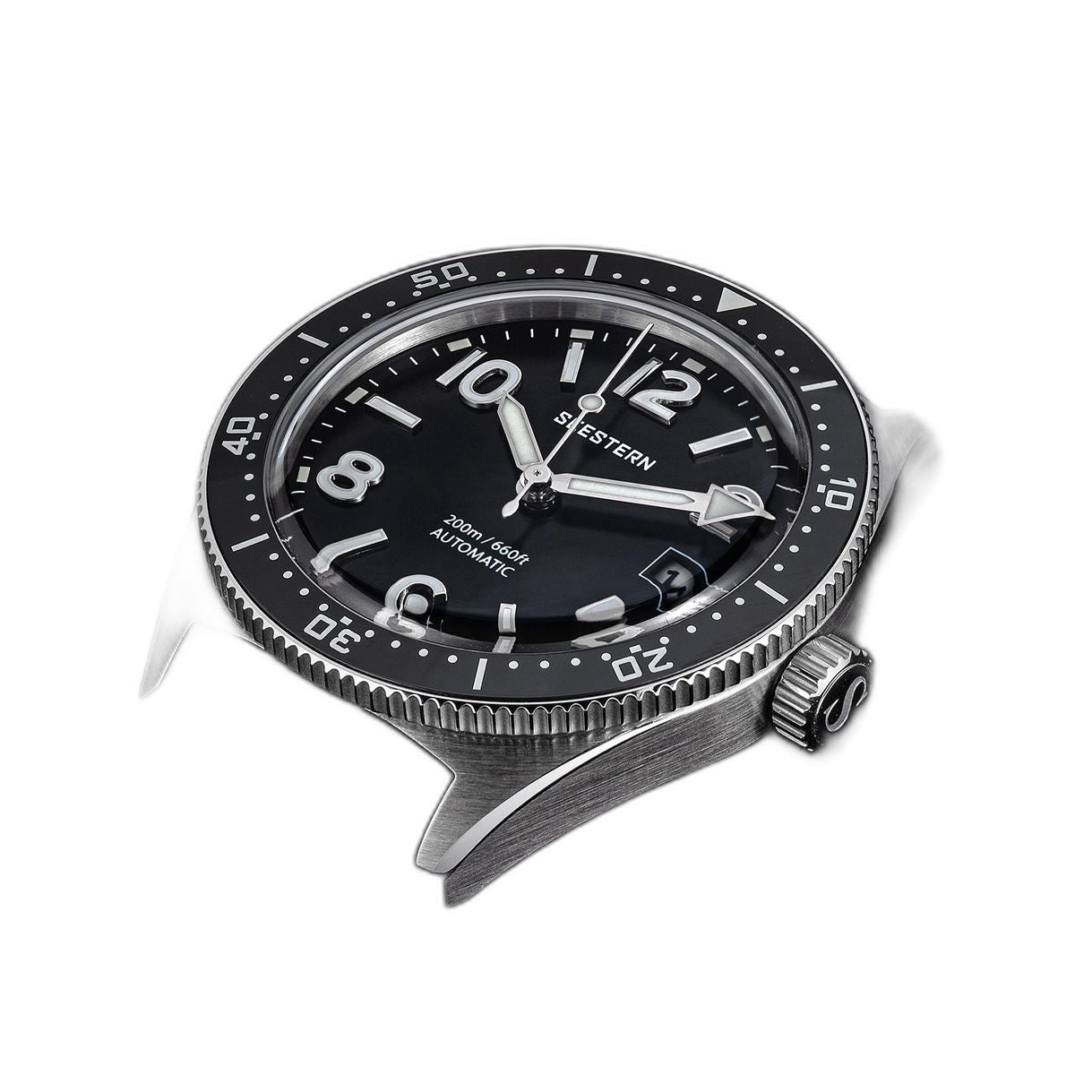 Seestern S434-2 black watch head side profile with no strap, showing case thickness and bezel knurling