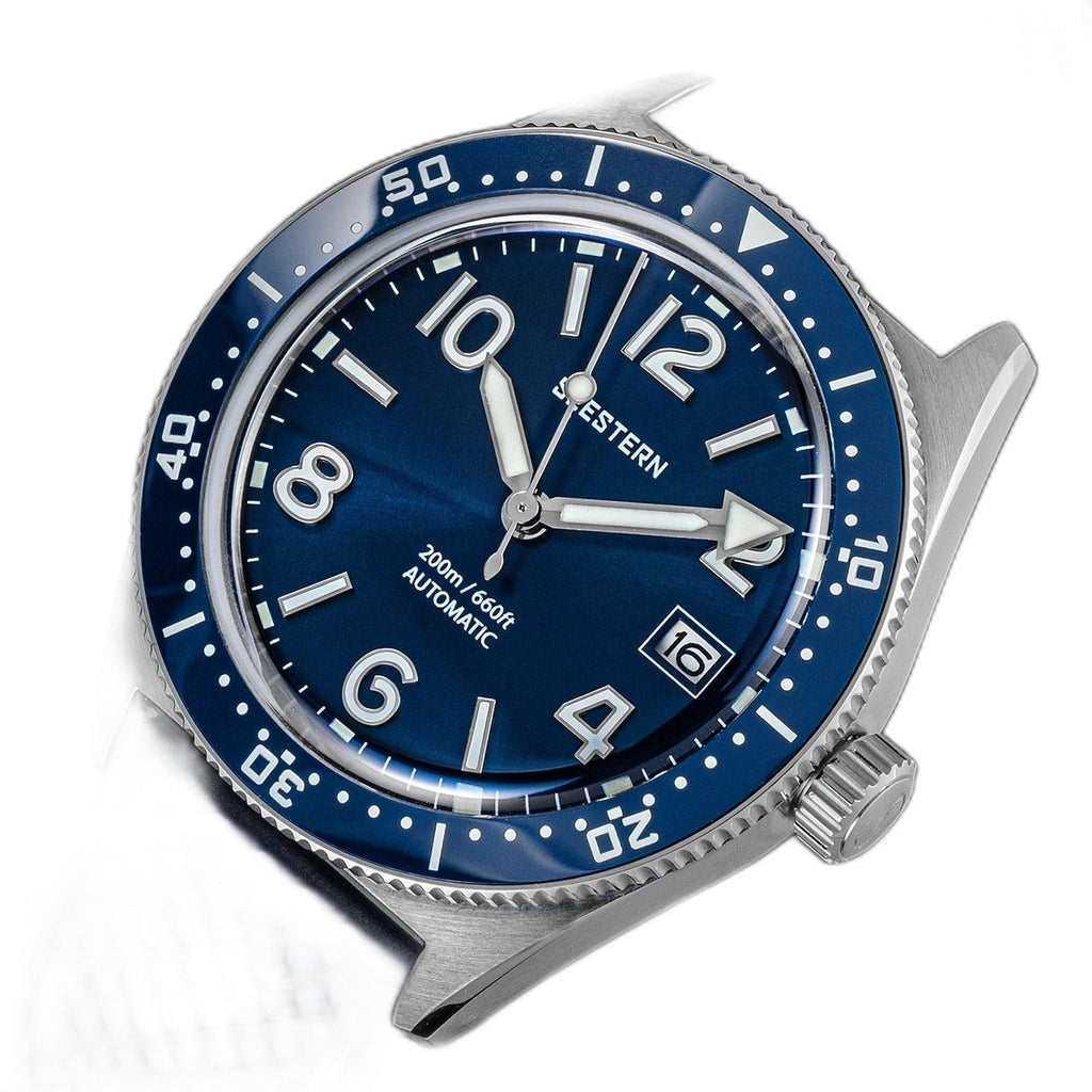 Seestern S434-2 blue dial watch head with no strap, three-quarter angle showing bare lugs and bezel