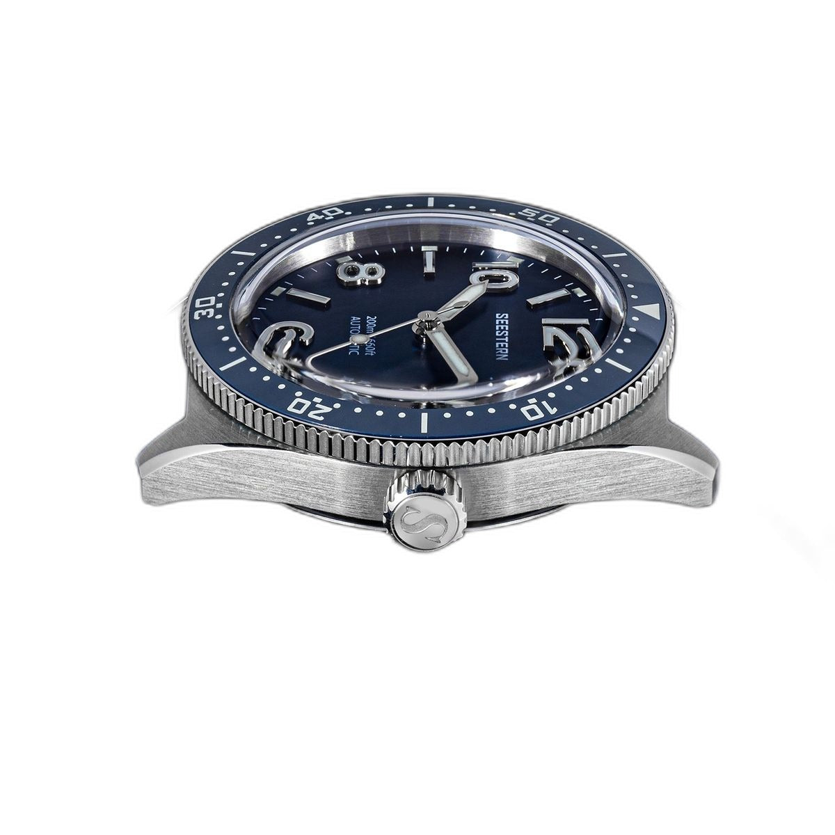 Seestern S434-2 blue watch head side profile without a strap, showing signed crown and bezel edge