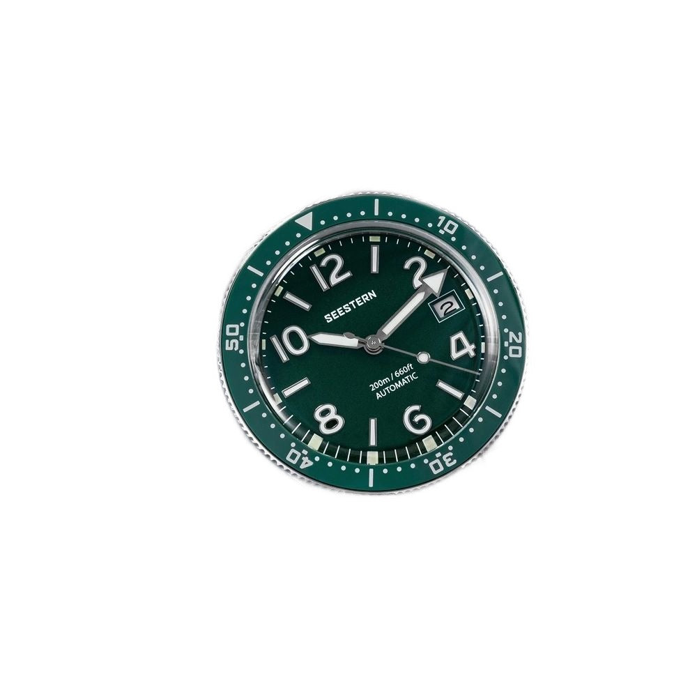 Seestern S434-2 green dial watch head shown straight on without a strap, green bezel and lumed markers