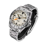Seestern S436-2 cream-dial vintage GMT on steel bracelet, three-quarter angled studio view