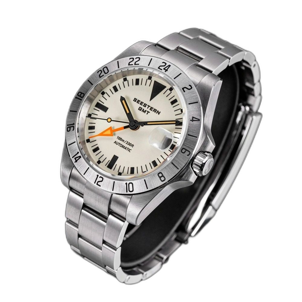 Seestern S436-2 cream-dial vintage GMT on steel bracelet, three-quarter angled studio view
