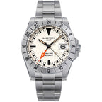 Seestern S436-2 automatic vintage GMT watch, cream lume dial, orange GMT hand, steel 24-hour bezel and bracelet, front