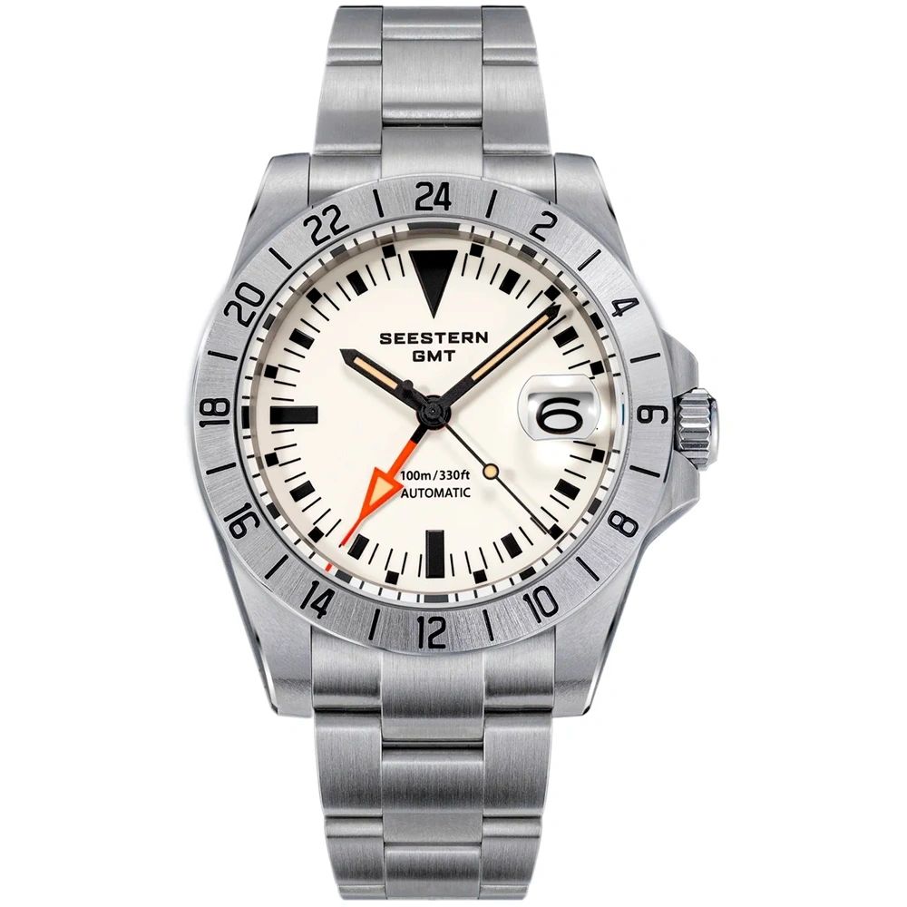 Seestern S436-2 automatic vintage GMT watch, cream lume dial, orange GMT hand, steel 24-hour bezel and bracelet, front