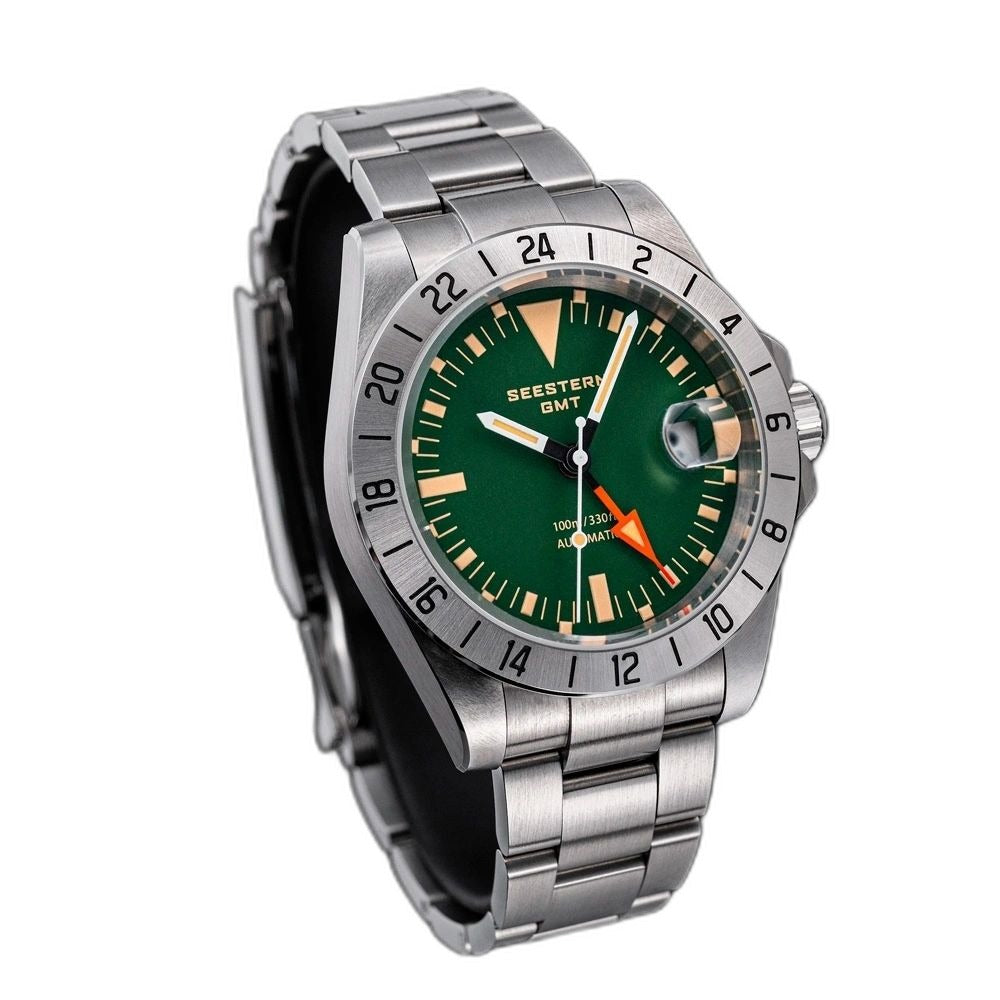 Seestern S436-2 green-dial vintage GMT on steel bracelet, angled studio product view