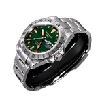 Seestern S436-2 green-dial vintage GMT on steel bracelet, angled view with starfish crown