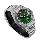 Seestern S436-2 green-dial vintage GMT on steel bracelet, dramatic angled studio view