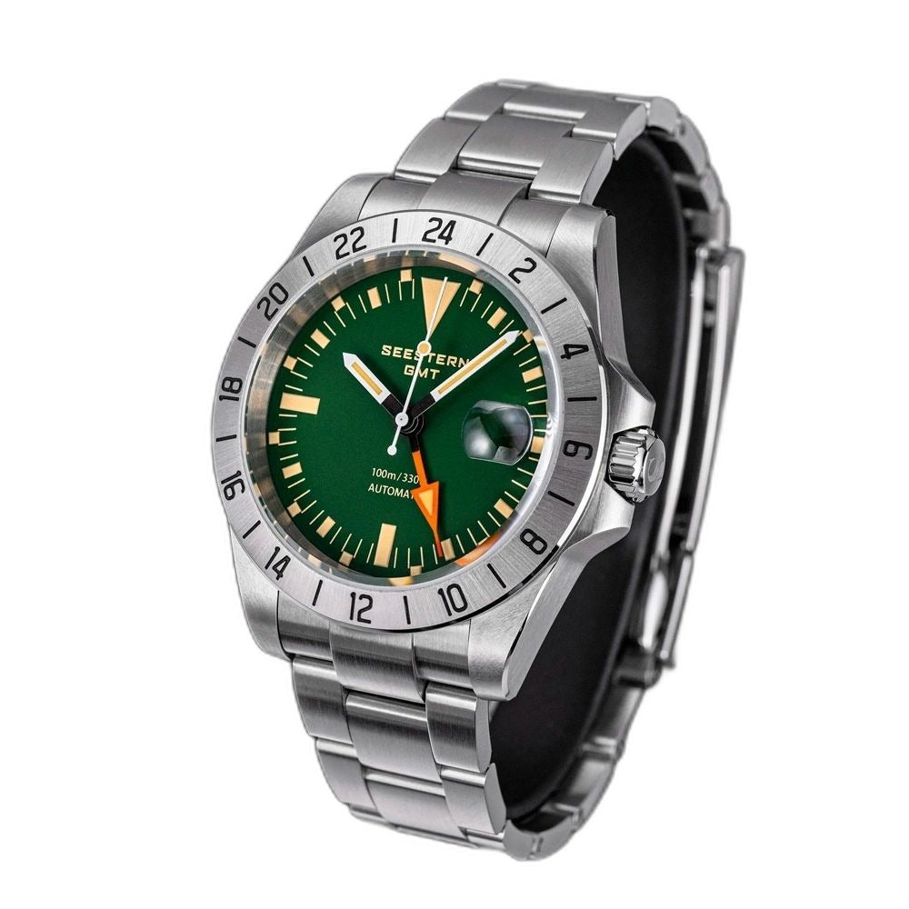 Seestern S436-2 green-dial vintage GMT on steel bracelet, three-quarter angled view