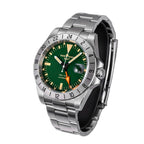 Seestern S436-2 green-dial vintage GMT on steel bracelet, three-quarter angled view