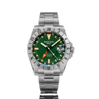 Seestern S436-2 automatic vintage GMT watch, green dial, orange GMT hand, steel 24-hour bezel and bracelet, front