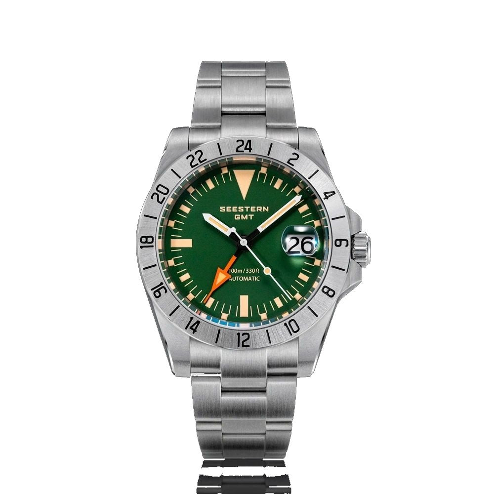 Seestern S436-2 automatic vintage GMT watch, green dial, orange GMT hand, steel 24-hour bezel and bracelet, front