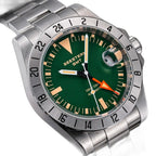 Seestern S436-2 green dial close-up with orange GMT hand, lume markers and cyclops date window