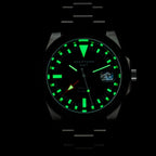 Seestern S436-2 GMT dial glowing green lume in the dark with date window, second lume shot