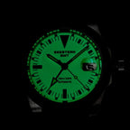 Seestern S436-2 GMT dial glowing bright green full lume in the dark, markers and hands illuminated