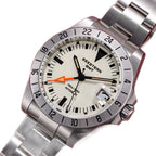 Seestern S436-2 close three-quarter angle of the cream dial, orange GMT hand and date at 3