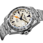 Seestern S436-2 low angle view showing the domed crystal, signed crown and cream dial