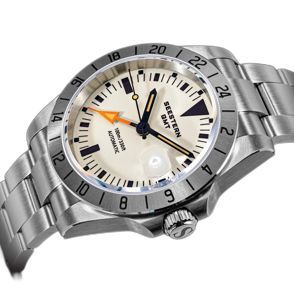 Seestern S436-2 low angle view showing the domed crystal, signed crown and cream dial