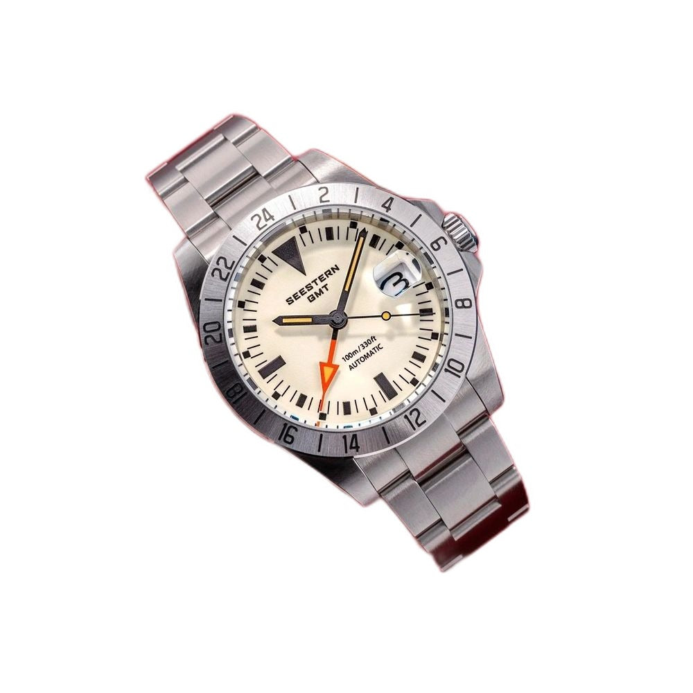 Seestern S436-2 cream dial GMT angled on white with full steel bracelet visible