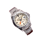 Seestern S436-2 cream dial GMT angled on white with full steel bracelet visible