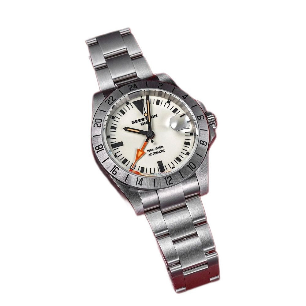 Seestern S436-2 cream lume dial angled product shot with bracelet trailing behind