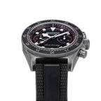 Seestern S443 Chronograph pink-accent dial close angle with pushers and black rubber strap