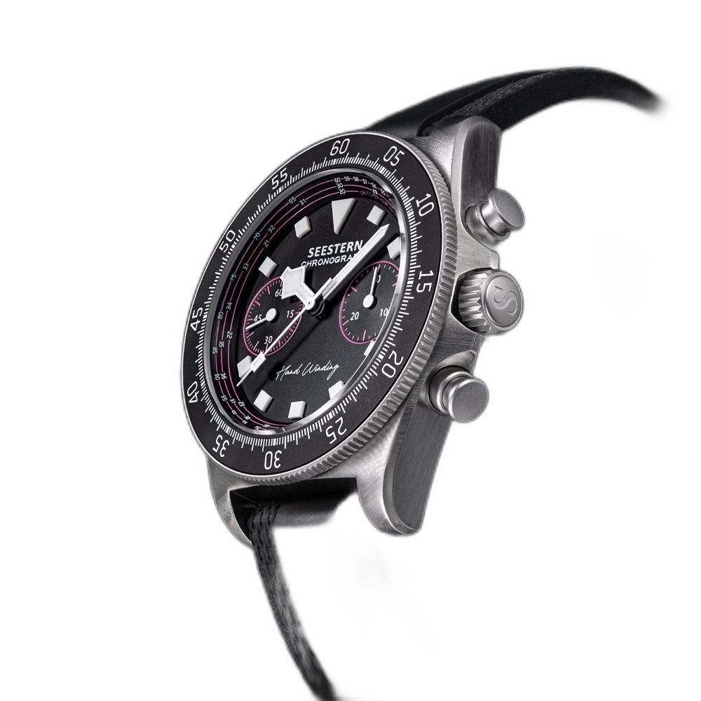 Seestern S443 Chronograph angled view showing pump pushers, signed crown and black strap