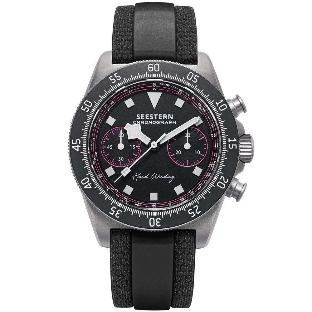 Seestern S443 Chronograph black dial with pink accents on a black rubber strap, front view