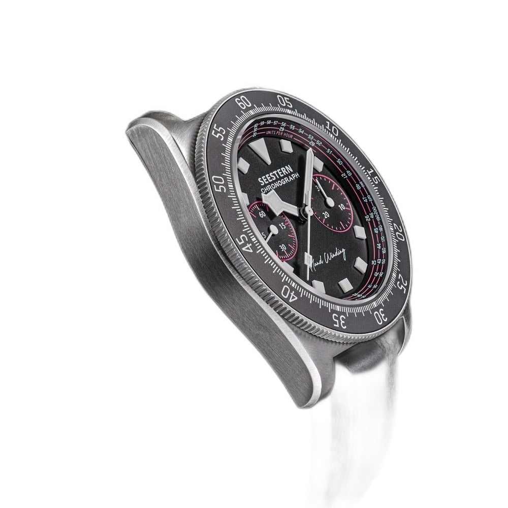 Seestern S443 Chronograph side profile showing the brushed steel case, lugs and black bezel
