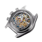 Seestern S443 exhibition caseback showing hand-winding column-wheel chronograph movement, blued screws