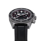 Seestern S443 chronograph, black dial with pink accents, black strap, close-up angled view