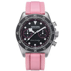 Seestern S443 chronograph, black dial with pink accents on pink rubber strap, front view