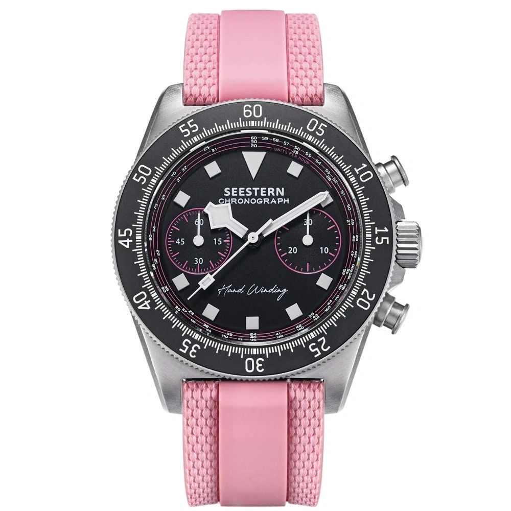 Seestern S443 chronograph, black dial with pink accents on pink rubber strap, front view