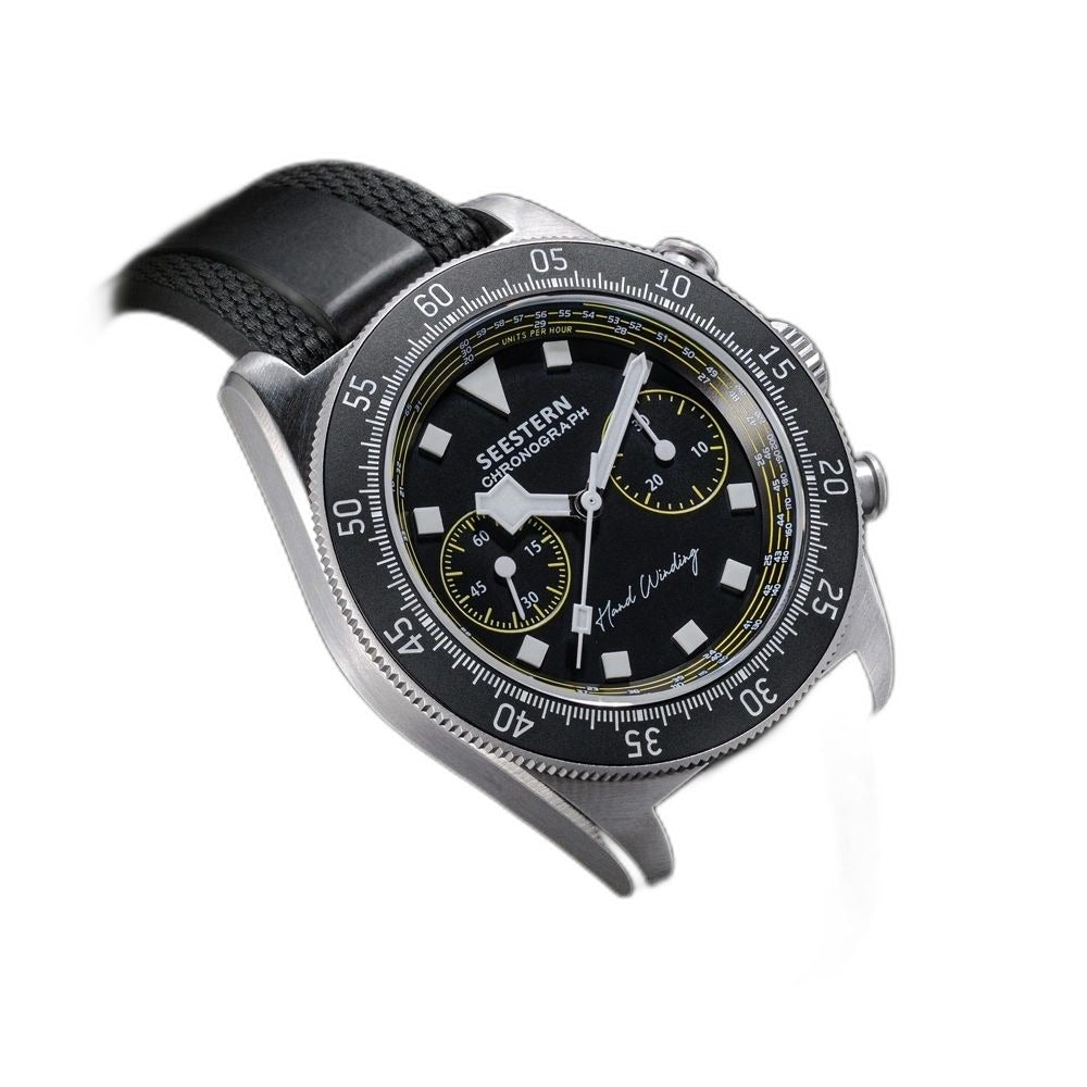 Seestern S443 chronograph, black-and-yellow dial, black strap, dramatic angled studio view